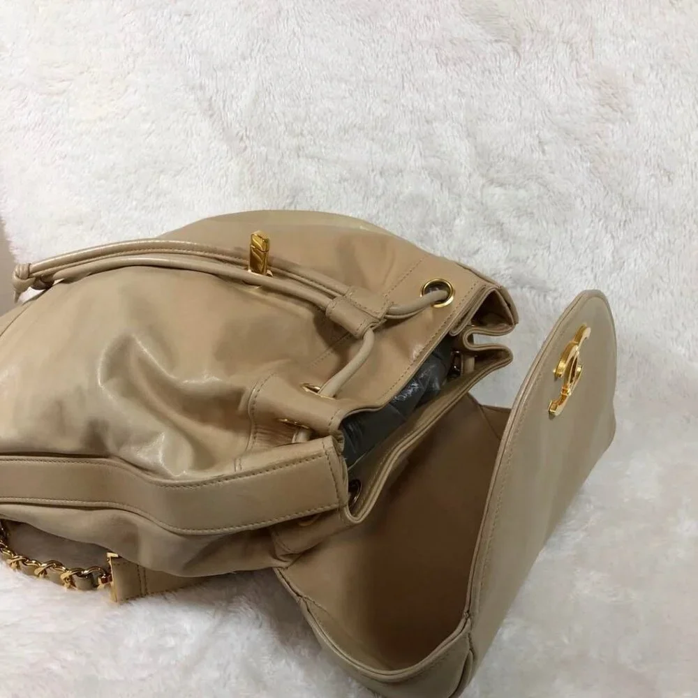CHANEL CC Vintage Lambskin Beige Gold Backpack Bag Drawstring Chain - Picture 12 of 15